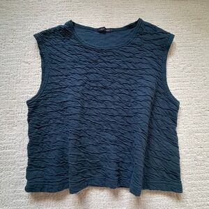 Cut Loose Textured Sleeveless Top Blue Cotton Blend Made in USA Large Lagenlook